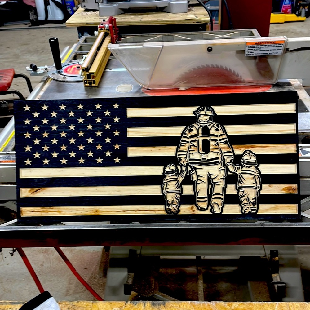 Firefighter with two children 8x16 wooden flag